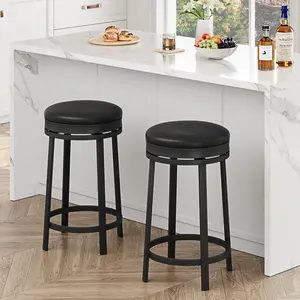 GARVEE - Set of 2 Swivel Bar Stools, 62 cm High, Upholstered with Synthetic Leather Cushion, Round Backless Kitchen Stools with Metal Frame for Kitchen Bar and Home