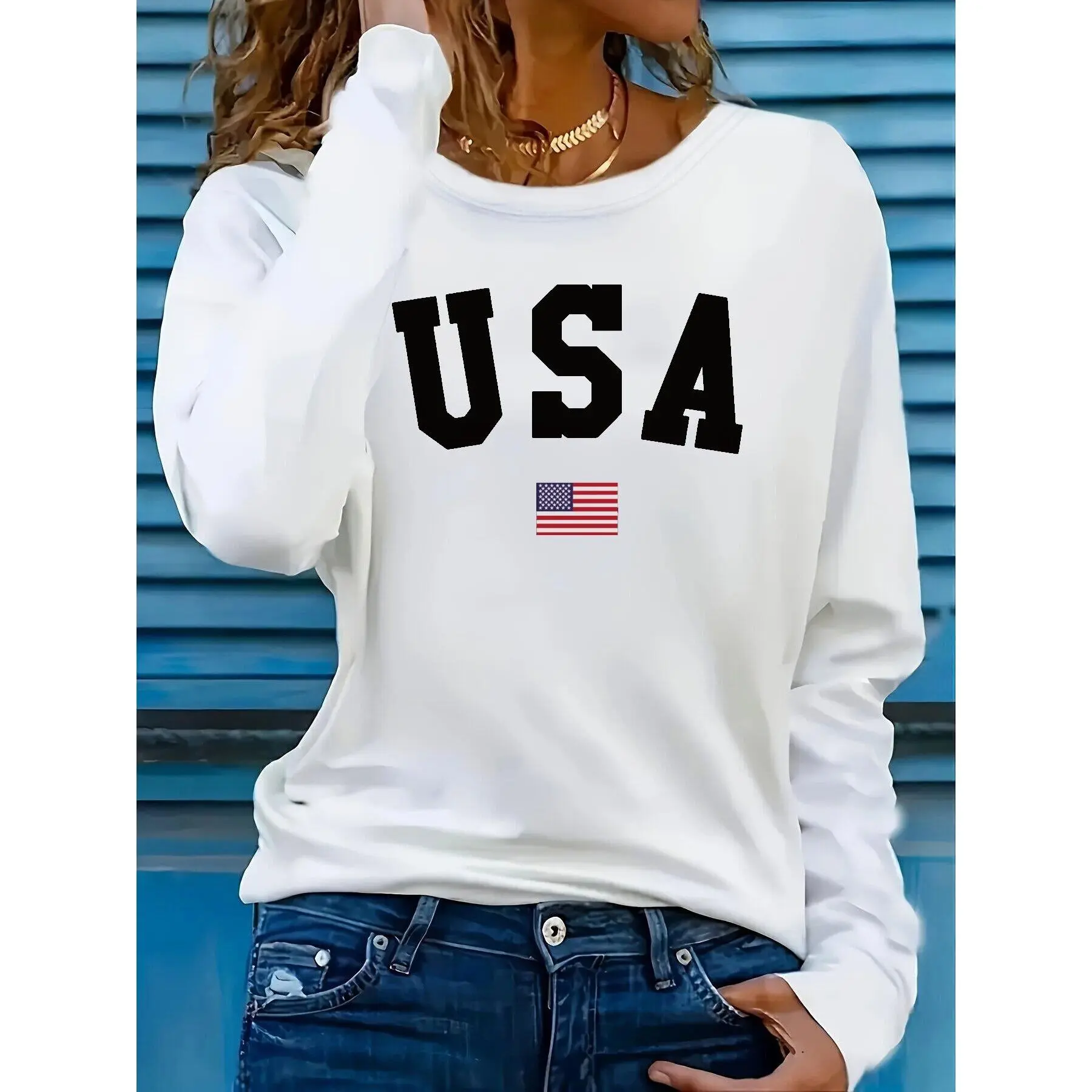 Women'S USA Flag Print Long Sleeve Crew Neck Top - Casual Comfortable Classic Design, White with Bold "USA" Lettering and American Flag, Perfect for Patriotic Attire, Allseason Apparel | Classic Long Sleeve | Comfortable Fi, Longsleeves, Round Neck