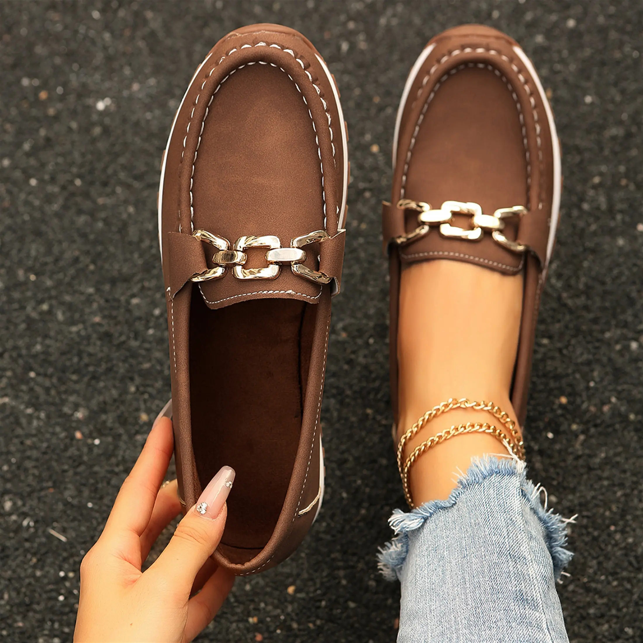 Trendy Gold Chain Loafers for Women Non-Slip Platform Indoor Outdoor Casual Slip-On Shoes