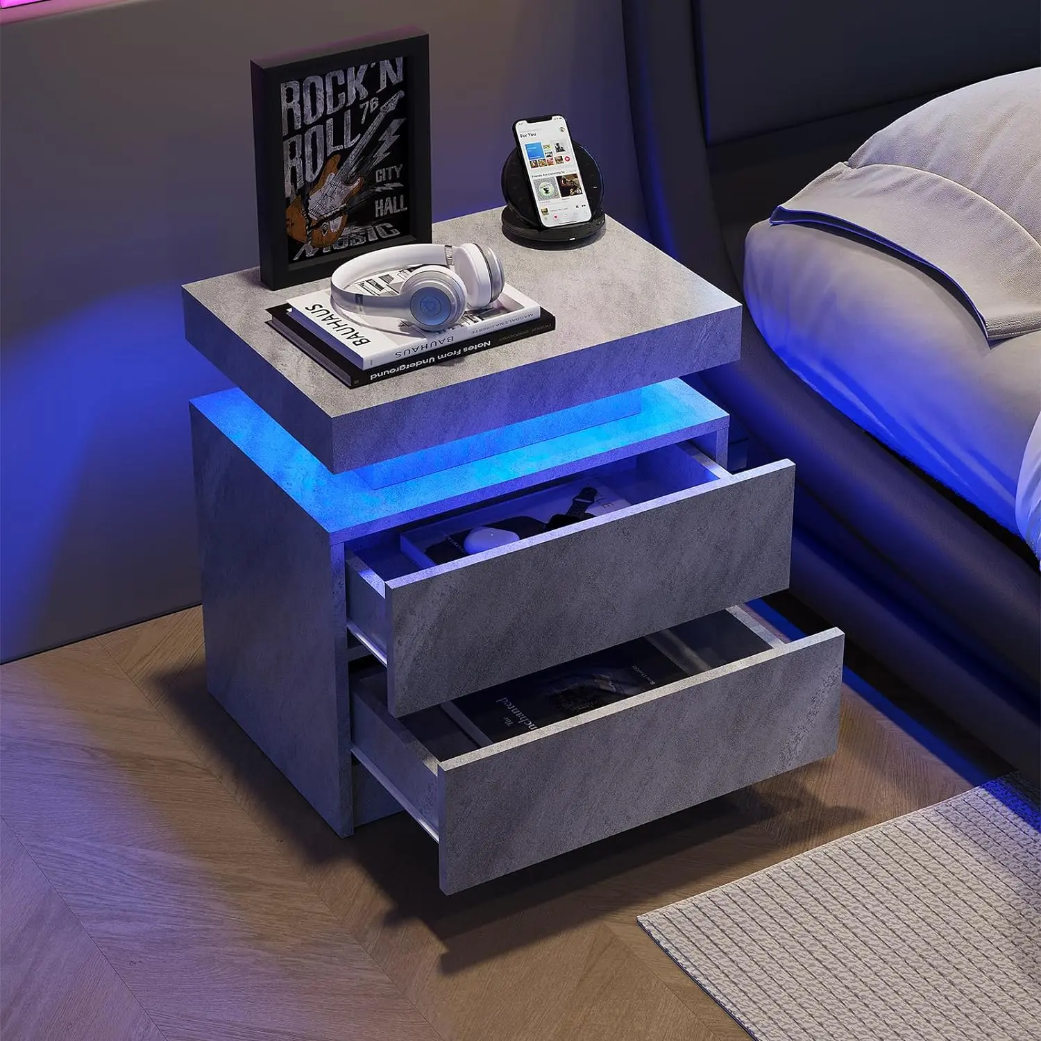 LED End Table, Modern Bedside Table with Storage, 20.5" Tall End Tables with 2 Drawers, LED Furniture for Bedroom, Living Room, and Playroom, Deep Gray