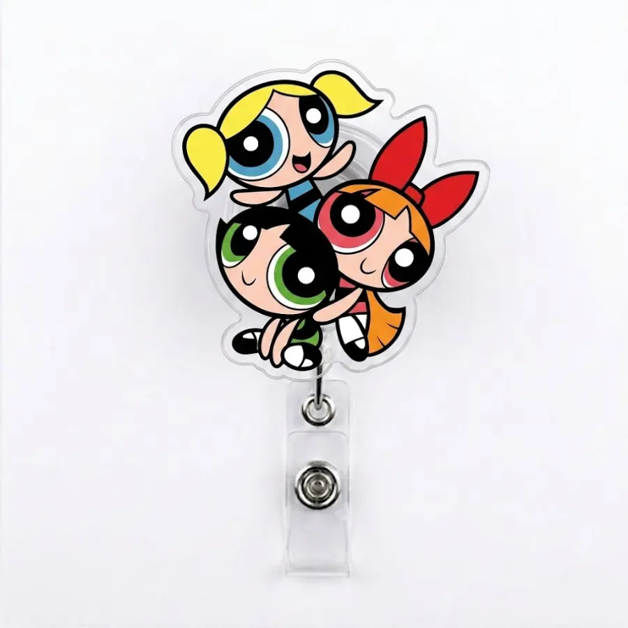 Powerpuff Friends Badge Reel, Retractable Id Holder, Cute Best Friends Cartoon Design, Kawaii Group Character Accessory For Daily Work Use And Gift Idea