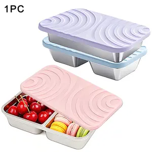 Stainless steel snack box, reusable metal snack container with silicone lid, double compartment stackable metal lunch box for school and outdoor use