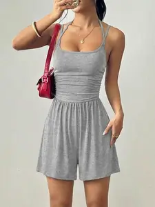 2026 New Women's Simple Casual Knit Solid Color Tank Top Short Jumpsuit, Perfect for Daily Wear, Home, and Outdoors, Y2K Style
