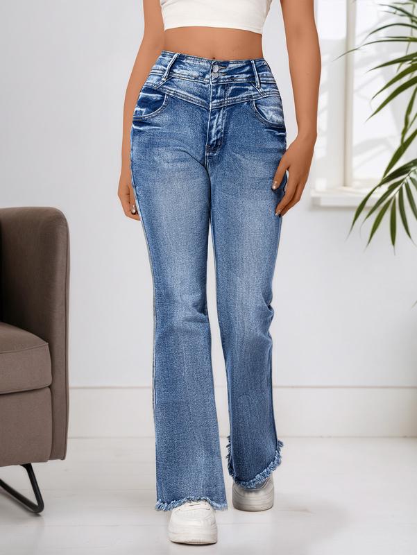 Women's High-Waisted Flared Denim Jeans - Distressed Details, Frayed Hem, Casual Chic Fit for Stylish Wear