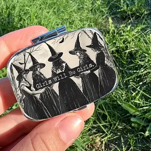 Witch Girls Vintage Pill Case with Mirror, Gothic Retro Style Double Compartment, Portable Plastic Pill Organizer, Storage, Gift for Witchy Women, Halloween
