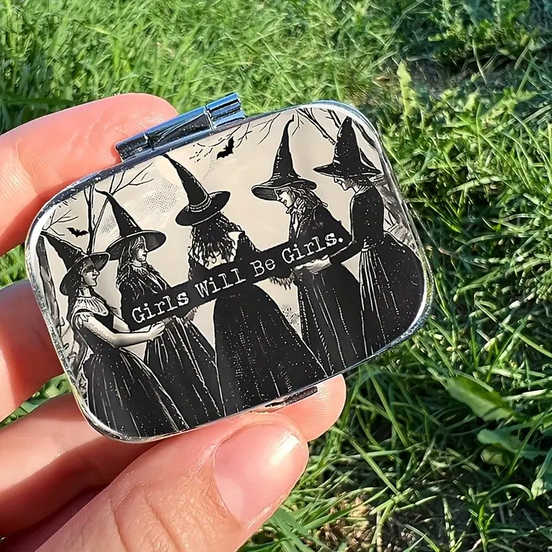 Witch Girls Vintage Pill Case with Compact Mirror, Gothic Retro Style Double Compartment, Portable Plastic Pill Organizer, Storage, Gift for Witchy Women, Halloween