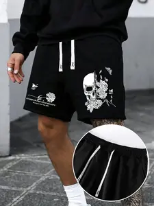 Men's Plus Size Skull Rose Print Drawstring Waist Graphic Shorts, Summer Style Shorts, Trendy Summer Casual Wear for Comfortable Fit, Stylish Men's Fashion