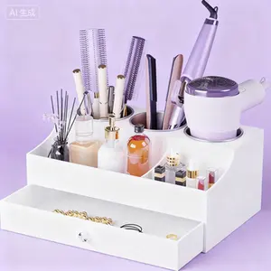 Acrylic Vanity Countertop Organizer for Hair Styling Tools and Makeup Accessories, Bathroom Storage Stand for Blow Dryer and Curling Iron, White Cosmetic Holder with Compact Design