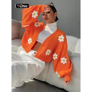 Women's Floral Applique Lantern Sleeve Cardigan Sweater, Casual Open Front Long Sleeve Jumper for Spring & Fall, Fashion Women's Knitwear for Daily Wear