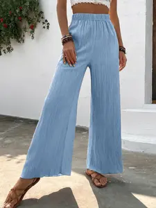 New Spring Summer Women's Wide Leg Pants, European Style Loose Fit Slimming Wrinkled Casual Trousers, Fashionable Ladies' Clothing