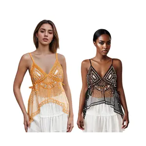 Women's Rivet Tank Tops Stylish Sequin Side Tie Sheer V Neck Spaghetti Straps Camisoles for Summer