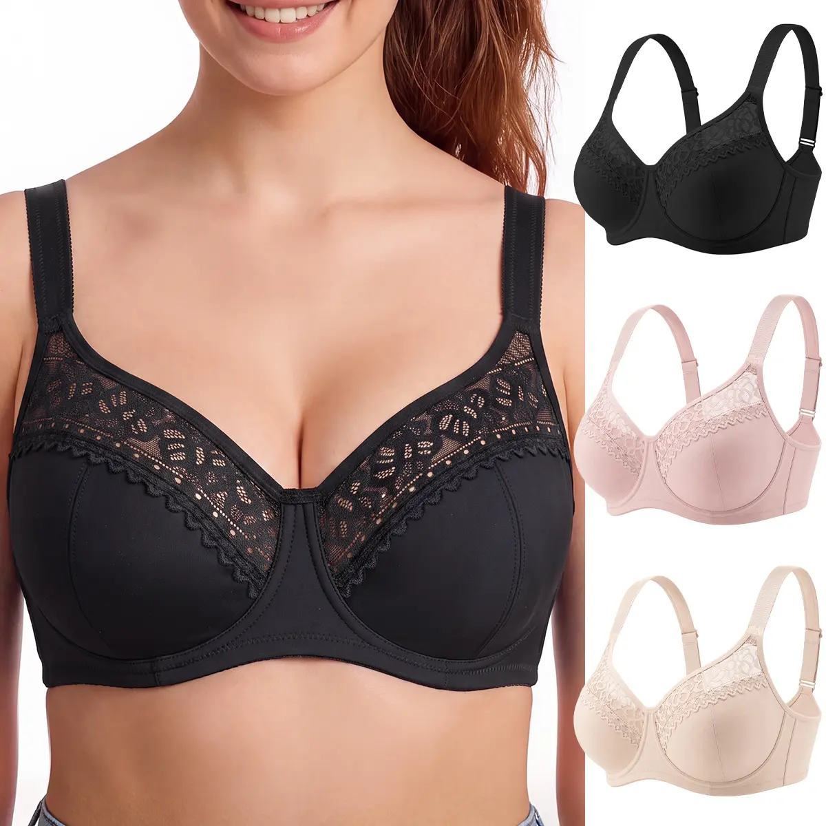TryWish Plus Size Summer Unlined Full Coverage Bra Underwire Support Non Padded Bra Lightweight Comfortable  Everyday Womenswear