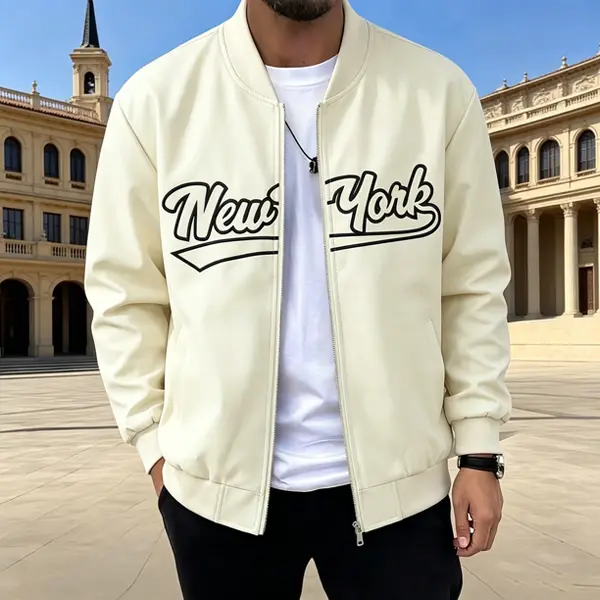 Men’s New York City baseball jacket, casual zip-up style, regular fit, baseball collar, printed pattern, suitable for all seasons, built-in pockets, breathable fabric, comfortable everyday wear, fashionable design