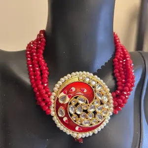 Meena Kari Red Beaded Necklace with Gold Plated Kundan Pendant and Pearl Accents for Festive Wear