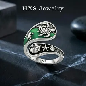 HXS Green Enamel Sea Turtle Ring, Adjustable Beach Jewelry Gift- Adjustable Beach Jewelry Gift for Jewelry Enthusiasts