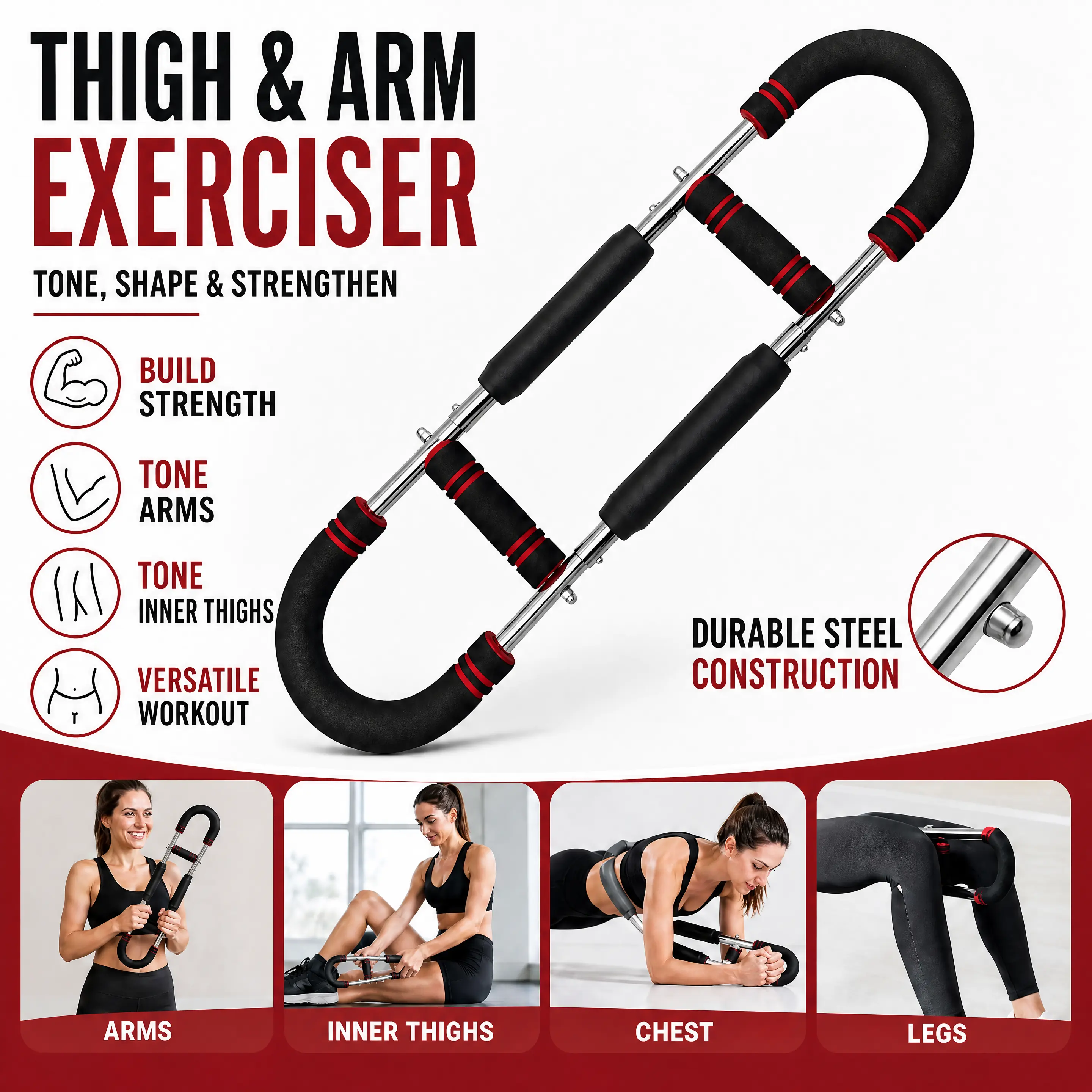 Multifunctional Thigh & Arm Exerciser, Inner Thigh Trainer, Portable Home Workout Equipment for Arms, Legs, Chest Strength Training