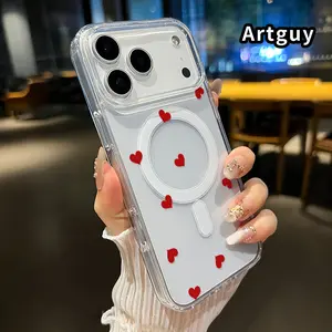 Magnetic Phone case for iPhone 17 16  Pro Max Plus 15 14 13 12 11 Air E Hearts in Flight Pattern Non-Yellowing Shockproof Soft Silicone Transparent Acrylic Large Hole Cover Supports Wireless Charging