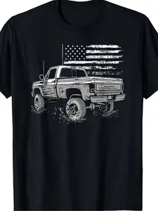 Men's Vintage Pickup Truck T-Shirt with Classic American Flag - Retro Round Neck Short Sleeve Tee, Breathable Casual Shirt Suitable for Gym, Travel & Casual Attire - Plus Size Big & Tall, Machine Washable - Ideal Gift for Christmas & Black Friday