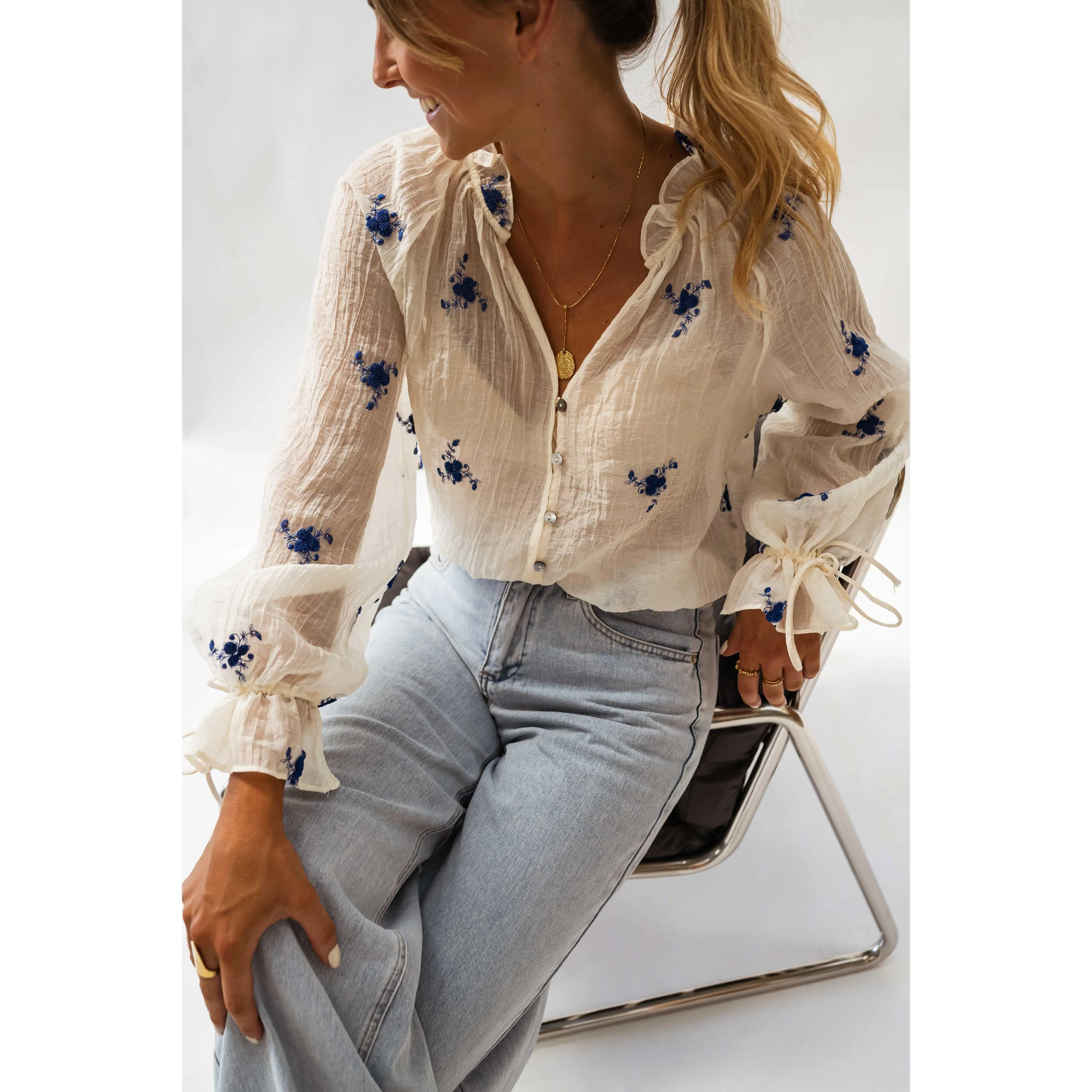 Ecru and Blue Floral Gabrielle Blouse
