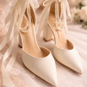 Elegant Pearl Ribbon Heels – Women’s Pointed Toe Dress Shoes