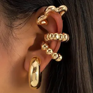 4Pcs Punk Style Non-Pierced Cartilage Clips Exaggerated C-shaped Water Drop Textured Ear Clip Ear Stud Golden Flower Fashion Ear Stud Set No Piercing Needed Party Jewelry Set