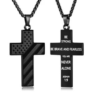 18-24 Inch Men's Cross Necklace, Inspirational Bible Verse American Flag Cross Chain, Stainless Steel Cross Pendant Necklace Jewelry Gift
