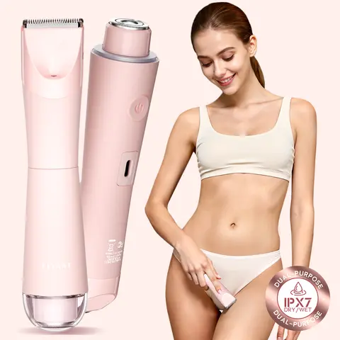 Flyant Women's Cordless Quiet Trimmer Set - 2-in-1 Dual-Head Bikini Trimmer & Electric Shaver, IPX7 Waterproof, Dual-Motor Power, Nick-Resist Head, LED Lighting for Bikini Line Care, Leg & Arm Grooming