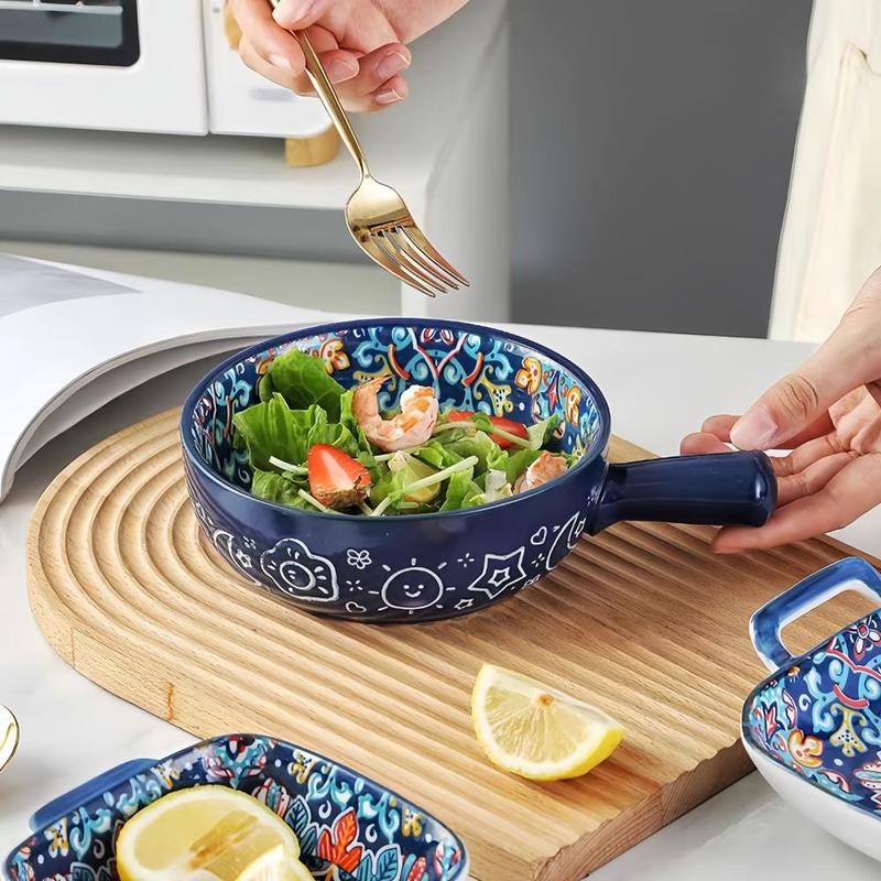 Boho Style Ceramic Salad Serving Bowls with Handle, 2 Counts/set Colorful Flower Pattern Bowl, Microwave & Oven Safe Bowl for Home Baking & Serving, Dinnerware