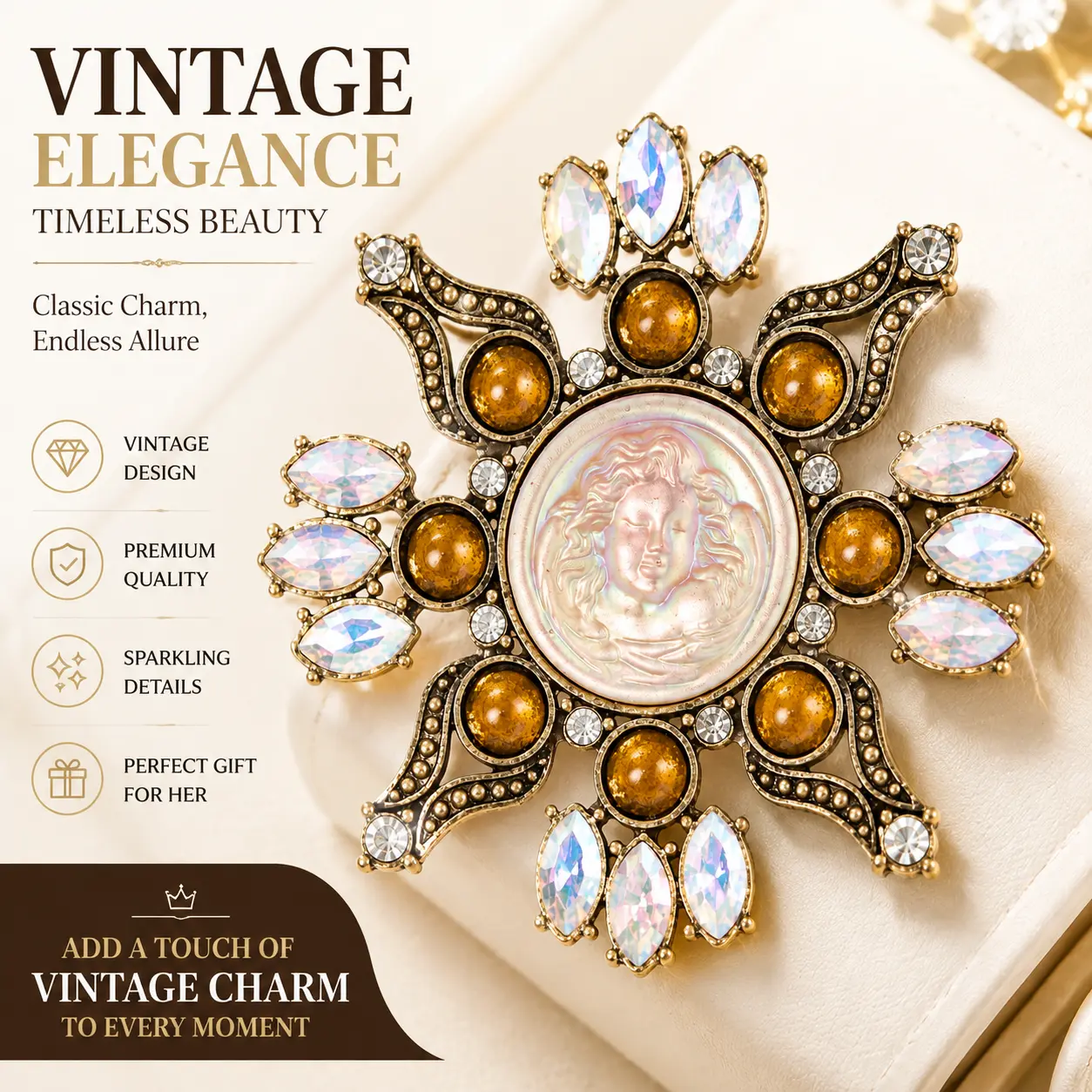Vintage Crystal Cameo Brooch for Women, Elegant Gold Tone Starburst Rhinestone Pin with Pearl Effect Center, Antique Inspired Statement Jewelry Accessory for Blazer Dress Wedding Party Gift