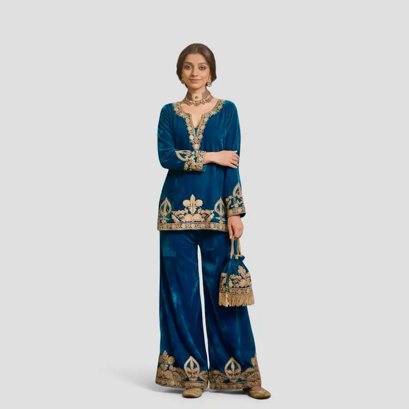 Women's Kamiz Palazzo Set in Pure Viscose Velvet, Embroidered 3-Piece Outfit with Elastic Waist Pants & Potli Bag, Sizes M-XXL, Longsleeves, Women's Clothes, Cotton, Full Sleeve, 36-37 Inch, M-Xxl Sizes, Chain Embroidery, Embroidery
