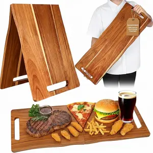 Large Food Tray with Handle, 33x12 Inch Foldable Wooden Acacia Wood Serving Tray, Portable Cheese Board and Chopping Cutting Board for Kitchen Appetizers, Parties, Travel