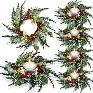 Christmas Mini Wreaths Set, 7.87 Inch 4 Pack Pine & Cedar Small Christmas Wreath with Red Berries & Eucalyptus, Christmas Candle Rings for Centerpiece, Wreaths for Front Door/Cabinets/Holiday Decor