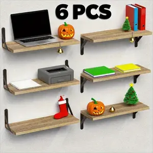 6pcs wooden floating shelves, suitable for office supplies and Halloween and Christmas decorations, kitchen, Farmhouse bedroom, Bookshelf, bathroom - wall-mounted Multiple storage shelves