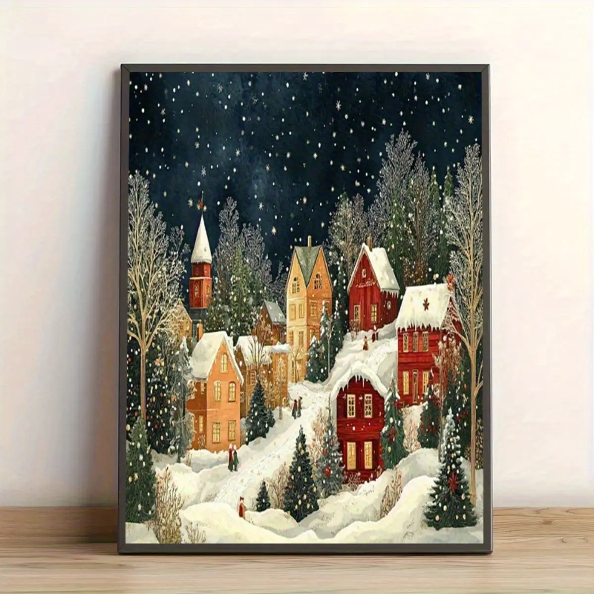 Cozy Winter Snowy Village Christmas Canvas Wall Art, Vintage Folk Art Night Town Print, Rustic Holiday Home Decor Unframed Canvas Poster, Frame Not Included