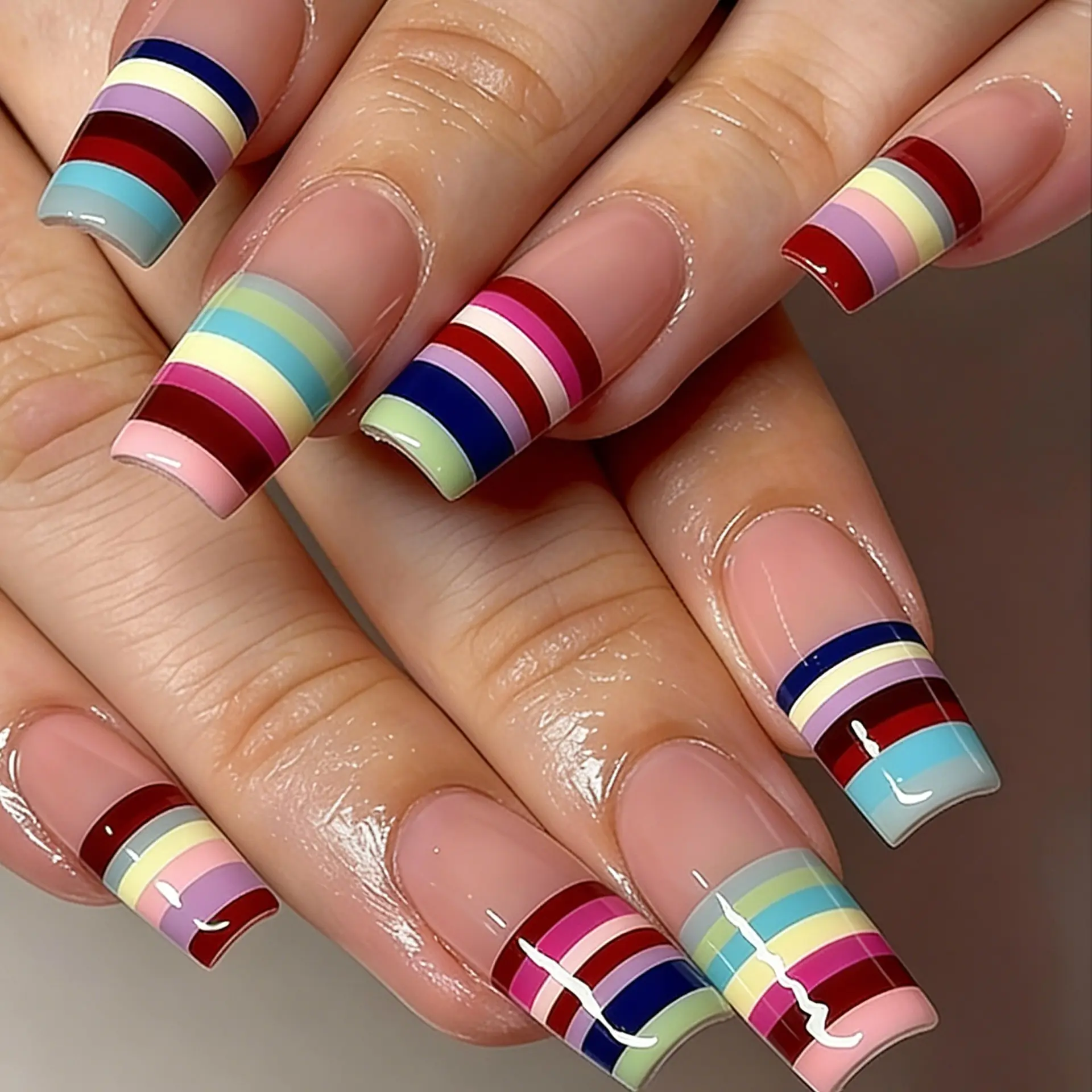 Colorful Line Nail Art, Fashionable Dopamine Color Series, French Style Wearable Nails, Y2K Trend, Stylish Manicure Accessories, Nail Art Design, French Tip, Decorative Nails