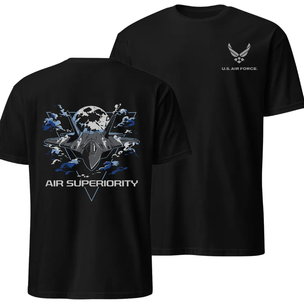 Air Superiority Graphic T-Shirt & Hoodie, Featuring Fighter Jet Design and U.S. Air Force Logo, Soft Cotton Blend Shirt, Vintage Military Apparel for Men & Women, Perfect Gift for Aviation Enthusiasts