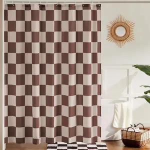Checkered Shower Curtain, Khaki Beige Shower Curtains for Bathroom, Cute Retro Checkboard Shower Curtain Vintage Aesthetic, Washable Fabric Bath Curtain