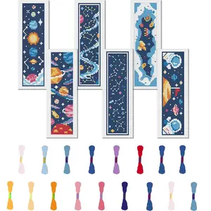 Space Themed Cross Stitch Bookmark DIY Art Set, 1 Set Including 6 Counts Printed Cross Stitch Cloth  Random Color Thread & Needle & Embroidery Floss & Instruction Manual, Gift for Friend Family
