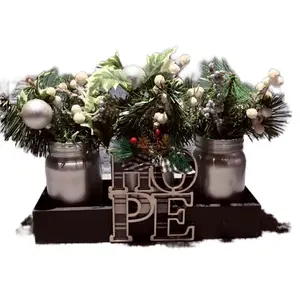 Handcrafted NOEL Christmas Themed 3 Silver Painted Mason Jars with Christmas Decor Set Inside Wooden Painted Box for Festive Home Decor