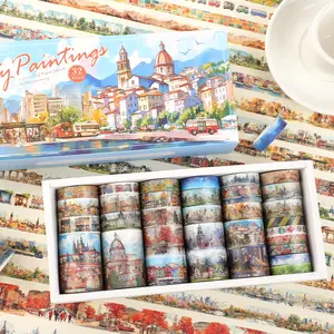 32 Rolls City Street Washi Tape Set Cute Cartoon Colorful Illustrations With House Tree Flower Nature Elements Scrapbooking Sticker Tape For Photo Frames Phone Cases Cups Journaling Calendars Stationery Supplies Self Adhesive Stickers