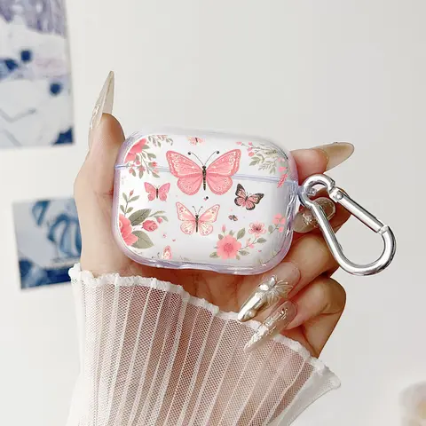 Unisex TPU & Silicone Soft Earbud Cover with Translucent All-Over Print Butterfly Floral Pattern, Keychain Attachment Accessory for AirPods 1/2/3/4/Pro/Pro2