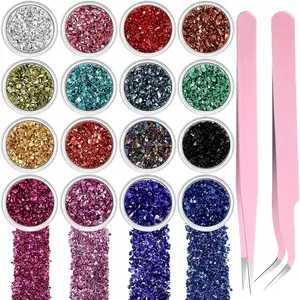 16 Colors Crushed Glass Irregular Metallic Mini Chips 0.5-2.5 mm Sprinkles Chunky Glitter with 2 Pieces Tweezers for Nail Arts Craft DIY Resin Mold Jewelry Making Vase Filler Decoration Supplies