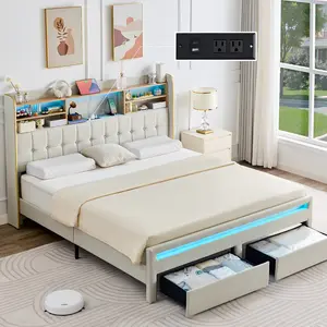 California King LED Bed Frame with Bookcase Headboard & 2 Drawers, Upholstered Platform Bed with Charging Station, Crystal Button Tufted Wingback Design, Black/White/Cream/Gray