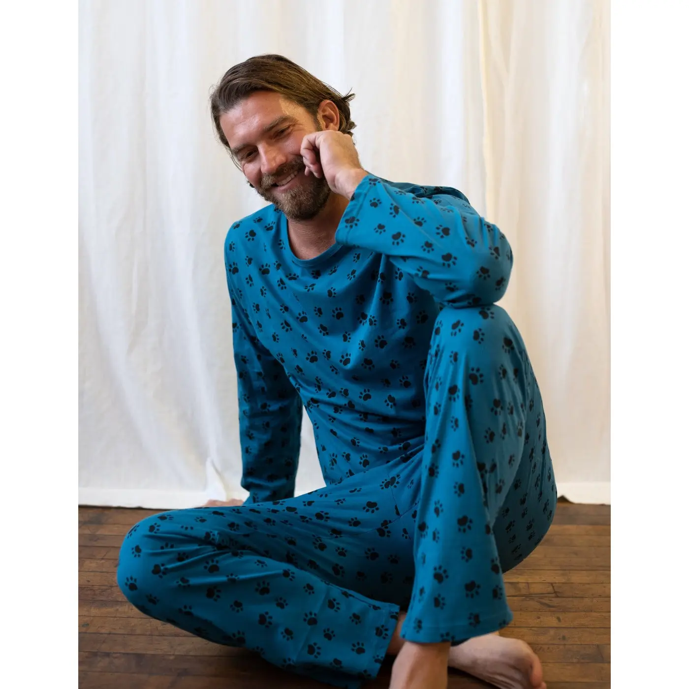 Mens 2pc Cotton Loose Fit Teal Blue Dog Paw Pajamas