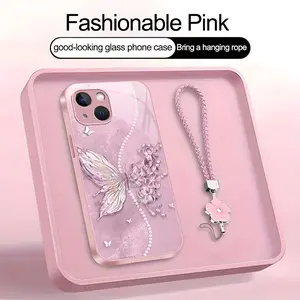 Suitable for [iPhone 14 Plus] high-end phone case，a beautiful four-leaf clover lanyard is included,exquisite and dreamy butterfly pattern,a variety of colors are available for you to choose from YM99