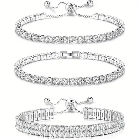 3Pcs Tennis Bracelets for Women - Silver Plated Bracelet Stack Cubic Zirconia CZ Diamond Adjustable Stackable Bracelets Set for Prom Wedding Jewelry Gift