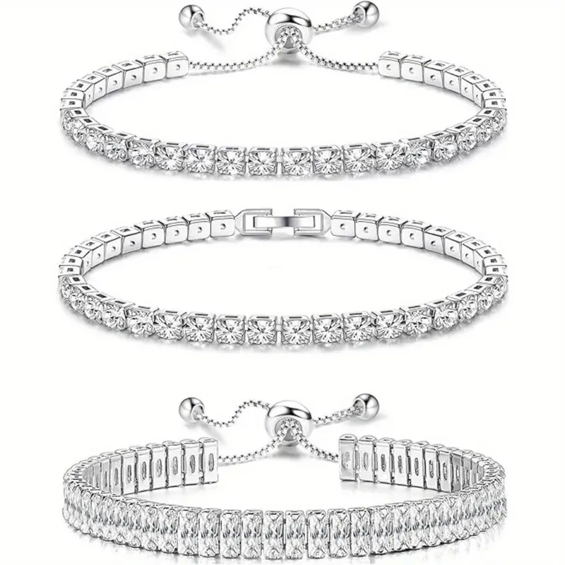 3Pcs Tennis Bracelets for Women - Silver Plated Bracelet Stack Cubic Zirconia CZ Diamond Adjustable Stackable Bracelets Set for Prom Wedding Jewelry Gift