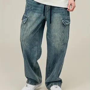 Baggy Denim Cargo Pants: Drawstring Waist & Utility Pockets – Trendy Casual Streetwear Staple