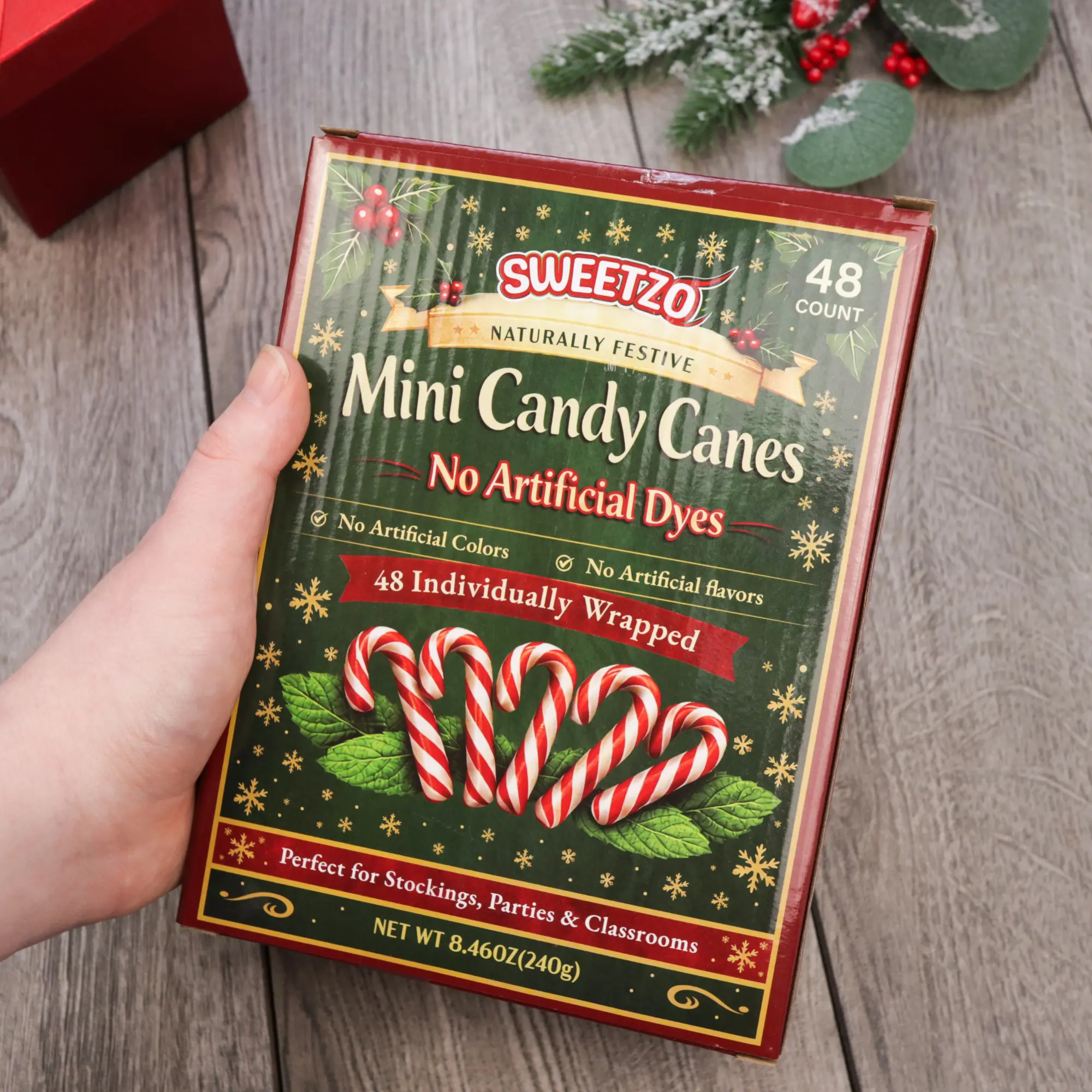 Mini Peppermint Christmas Candy Canes, Made with No Artificial Dyes, Individually Wrapped, 48 Pieces