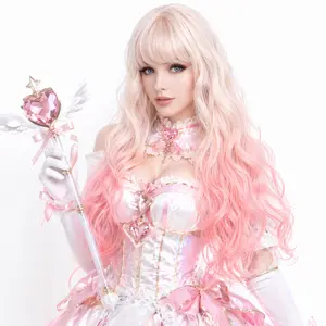 Synthetic Glueless Wig Blonde Pink Ombre Water Wavy With Bangs Heat Resistant For Y2K Girl Cosplay Costume Party Wear